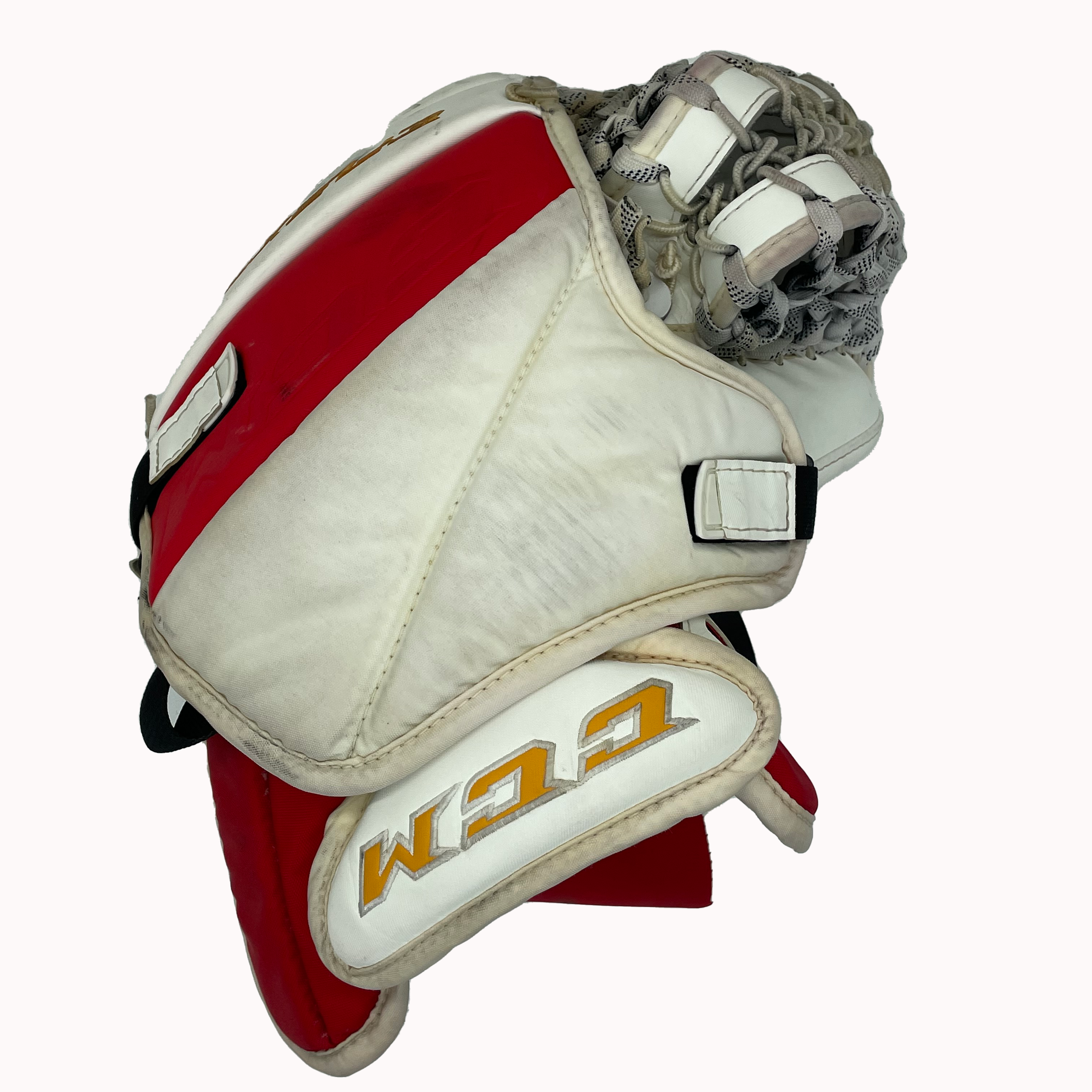 CCM Extreme Flex 5 - Gant de gardien de but Pro Stock d'occasion (blanc/rouge/jaune)